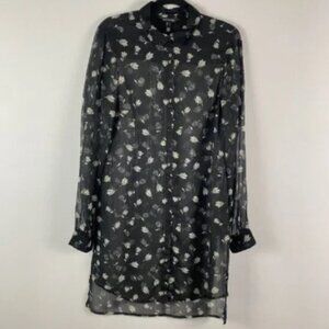 Long Tall Sally Sheer Button Up Tunic Shirt Size 6 Black Floral Metallic Stripe